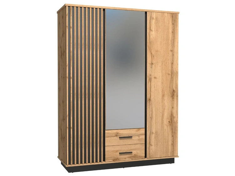 Spiegelschrank 150 cm mit Lamellen und Schubladen für das Schlafzimmer Lavore Wotan Eiche, Schwarz matt