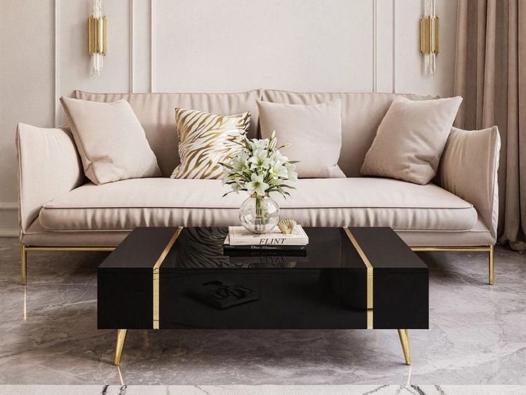 Wohnzimmer-Set im Glamour-Stil auf Beinen Lunelie Schwarz Hochglanz