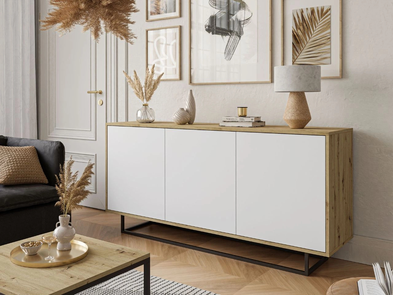 Dreitürige Kommode 154 cm im Loft-Stil auf schwarzem Gestell – Vivance, Weiß matt & Eiche Artisan