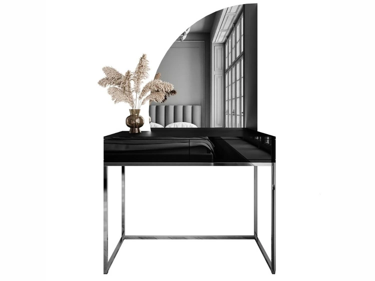 Kosmetiktisch linksseitig mit Schubladen und LED-Beleuchtung auf silbernen Beinen Clarette Schwarz Hochglanz