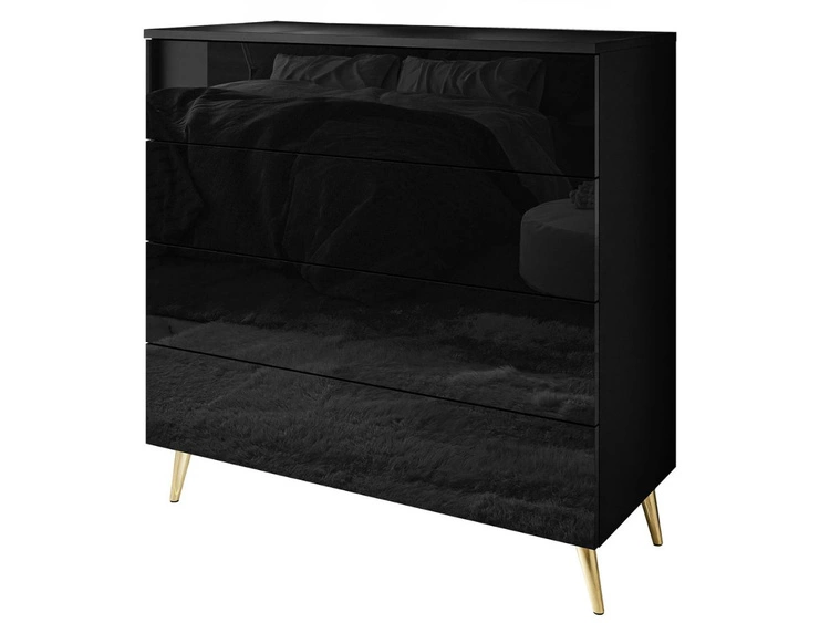 Kommode mit vier Schubladen und LED-Beleuchtung auf Goldenen Metallbeinen Nuveo Schwarz Hochglanz