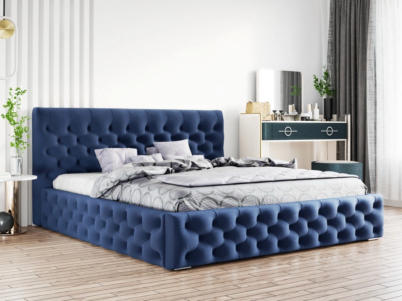 Glamour Chesterfield Bett Velutto 160x200 - Dunkelblau