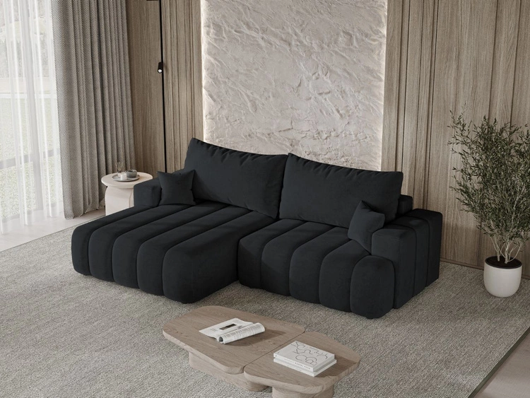 Ecksofa L-Form Links mit Schlaffunktion und Bettkasten Caleo Schwarz