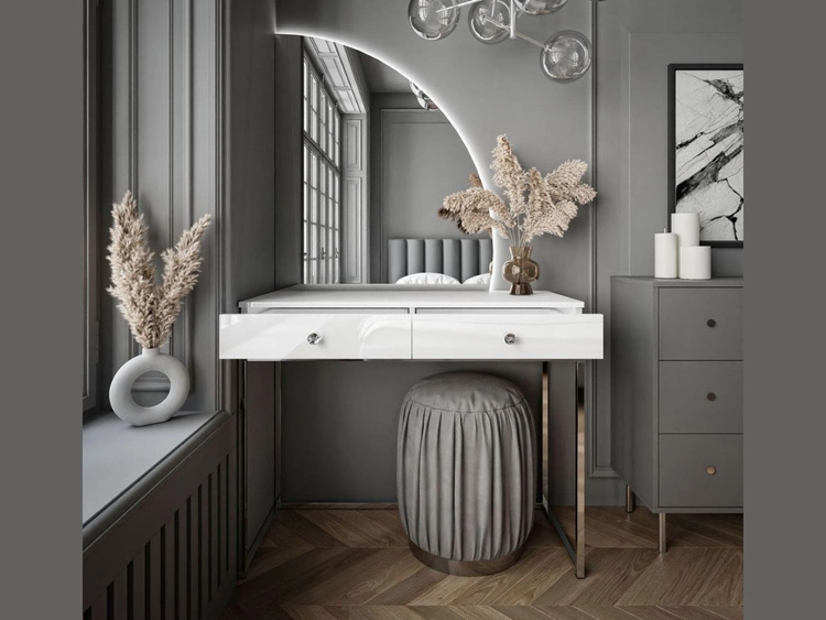 Kosmetiktisch rechtsseitig mit Schubladen und LED-Beleuchtung auf silbernen Beinen Clarette Weiß Hochglanz