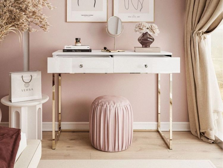 Konsolentisch mit Schubladen, goldenem Gestell und Kristallgriffen Brisa Weiß Hochglanz