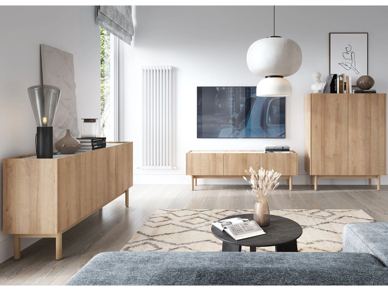 Wohnzimmerset Braha Riviera Eiche, Bianco Marmor