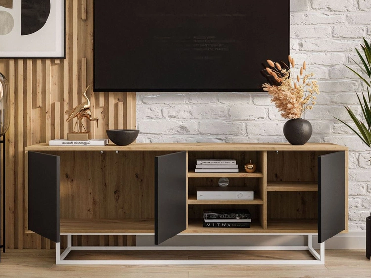 TV-Lowboard mit Türen auf weißem Gestell Vivance Schwarz und Artisan Eiche