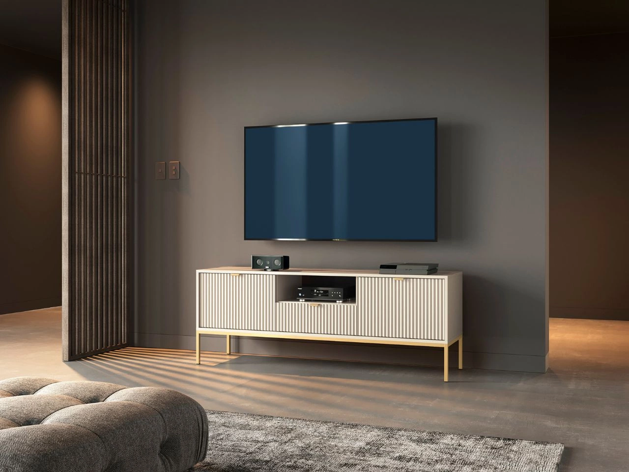 TV-Lowboard mit Schublade und Türen Amber Kaschmir auf goldenen Beinen
