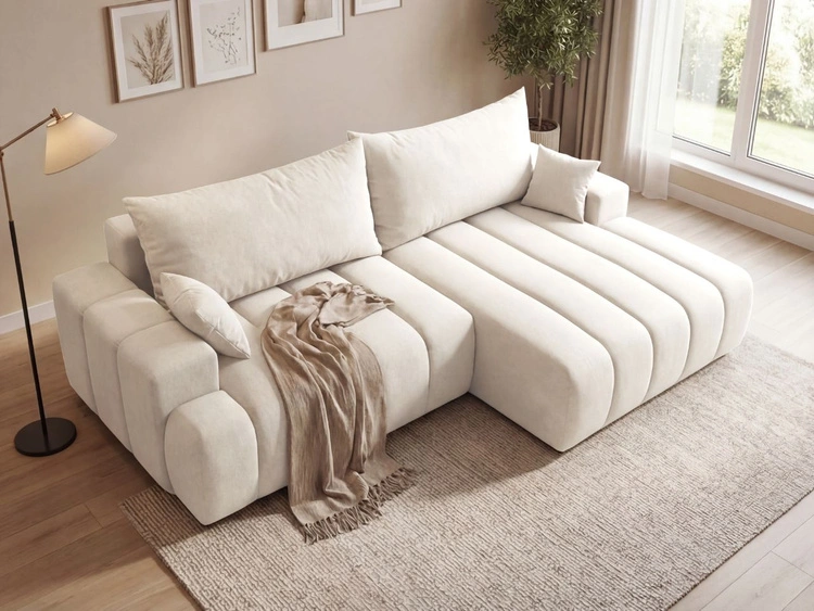 Ecksofa L-Form Rechts mit Schlaffunktion und Bettkasten Caleo Creme
