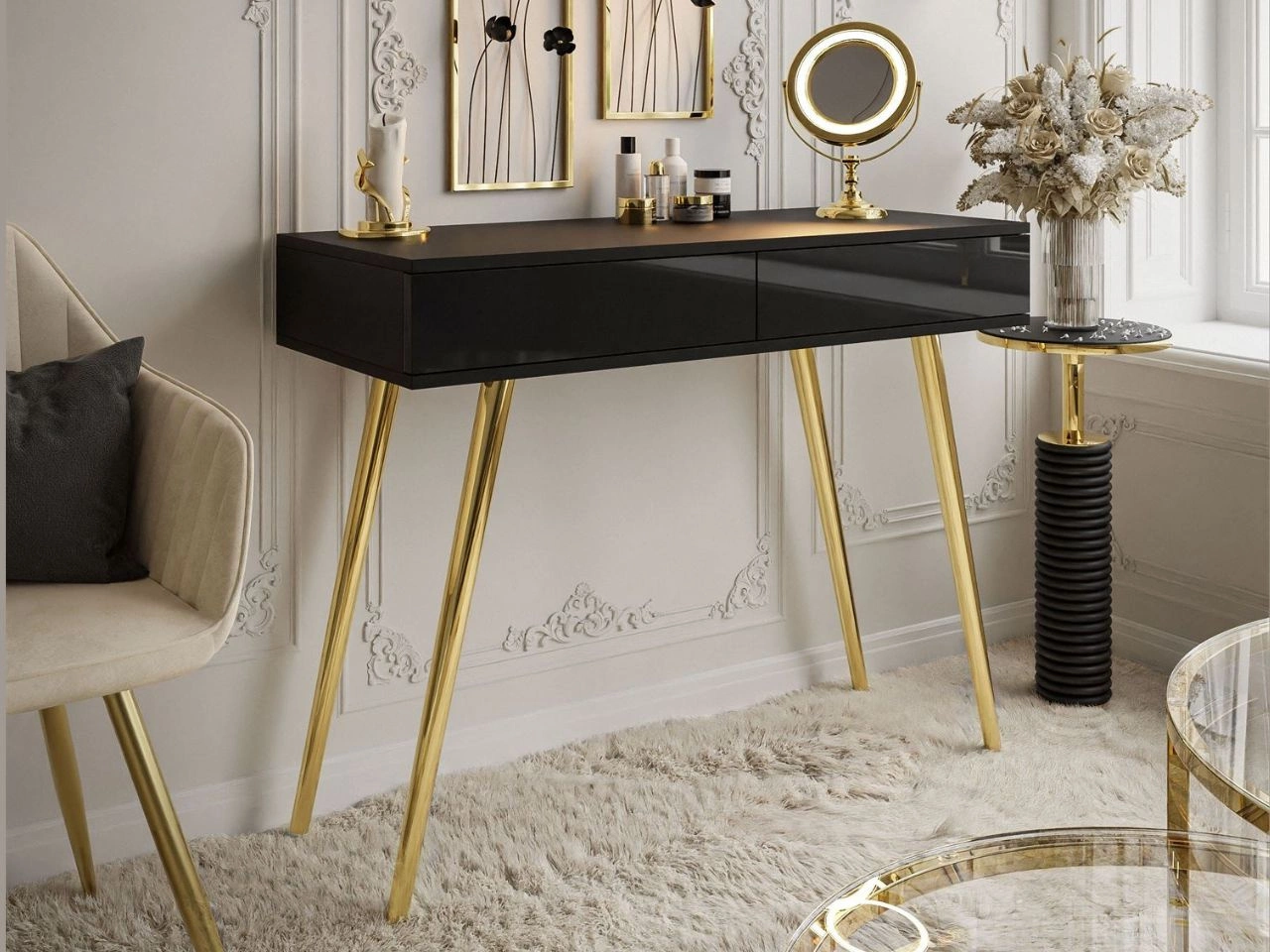 Konsolentisch mit Schubladen und goldenen Beinen Olivine Schwarz Hochglanz