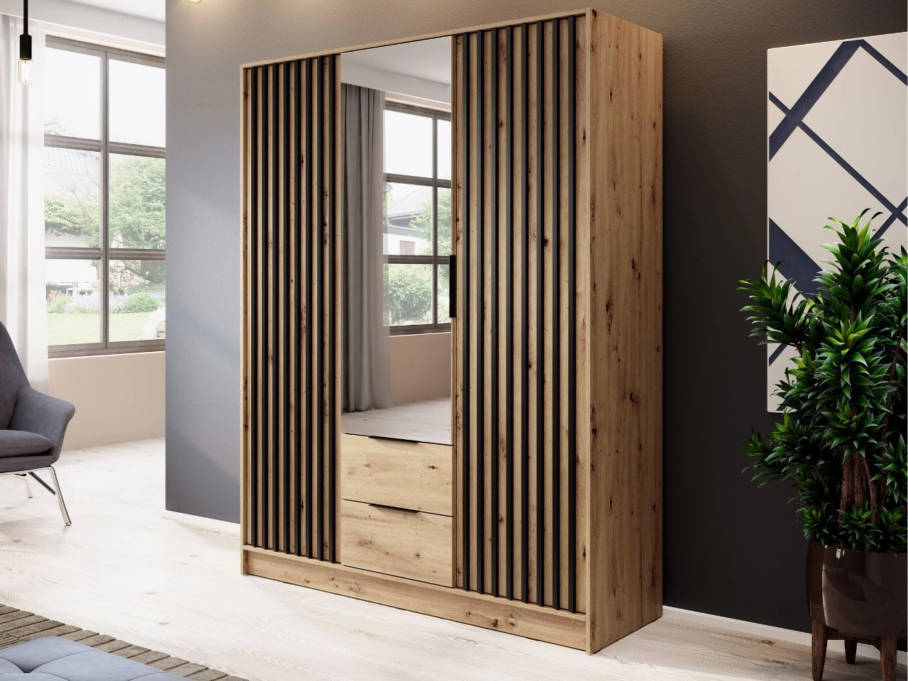 Kleiderschrank mit Spiegel 155 cm Macron Artisan Eiche, Schwarz