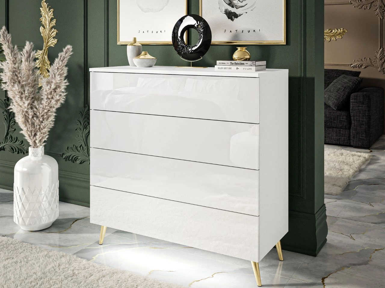Kommode mit vier Schubladen und LED-Beleuchtung auf Goldenen Metallbeinen Nuveo Weiß Hochglanz
