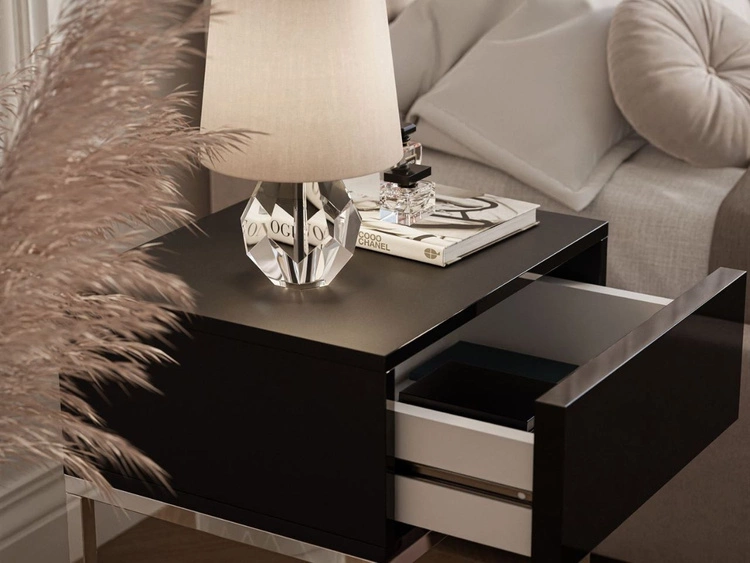 Nachttisch mit Schublade und silbernen Gestell Brisa Schwarz Hochglanz