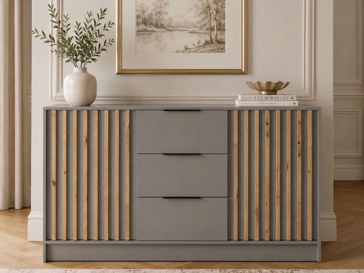 Kommode mit Türen und Schubladen 155 cm Macron Grau Artisan Eiche