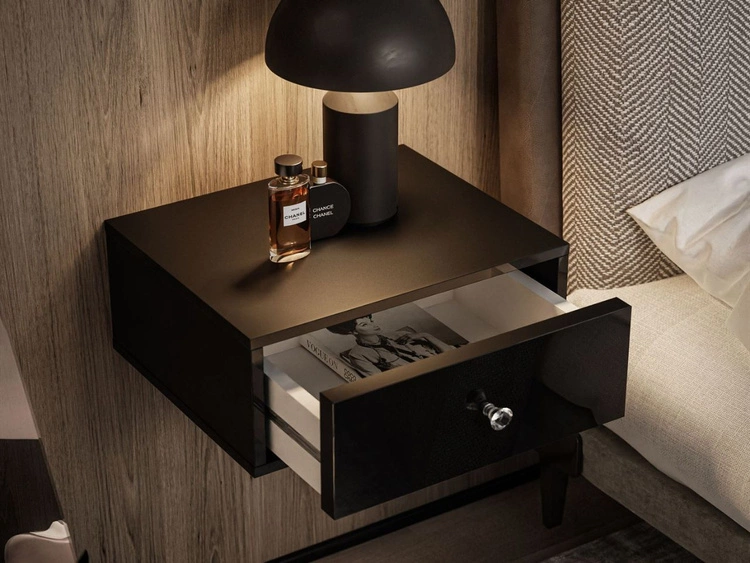 Hängender Nachttisch mit Schublade und Kristallgriff Brisa Schwarz Hochglanz