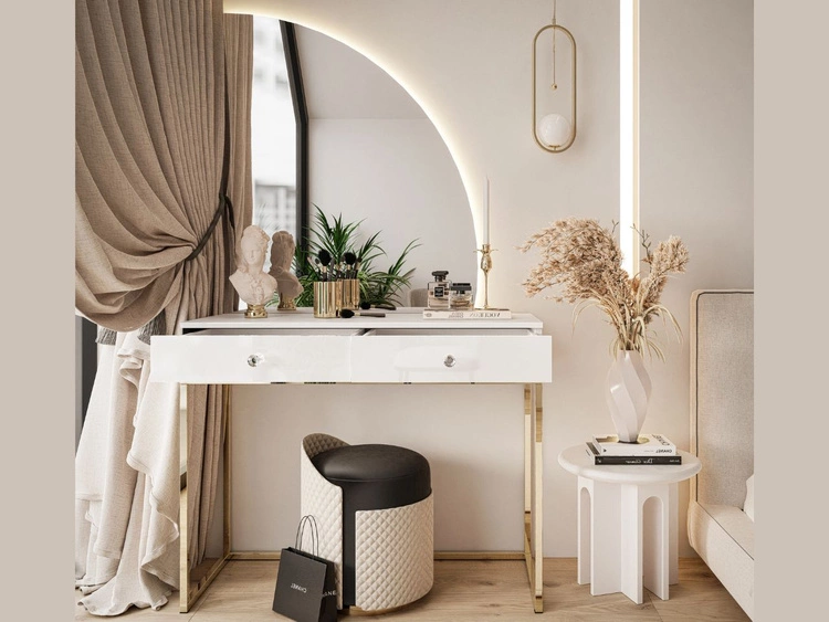 Kosmetiktisch rechtsseitig mit Schubladen und LED-Beleuchtung auf goldenen Beinen Clarette Weiß Hochglanz
