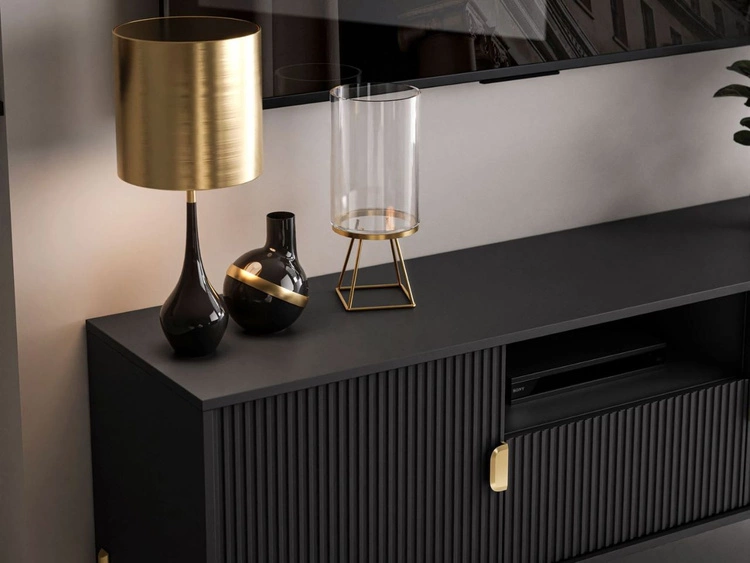 TV-Lowboard zweitürig mit Schublade und goldenen Metallfüßen Orlean Schwarz Matt