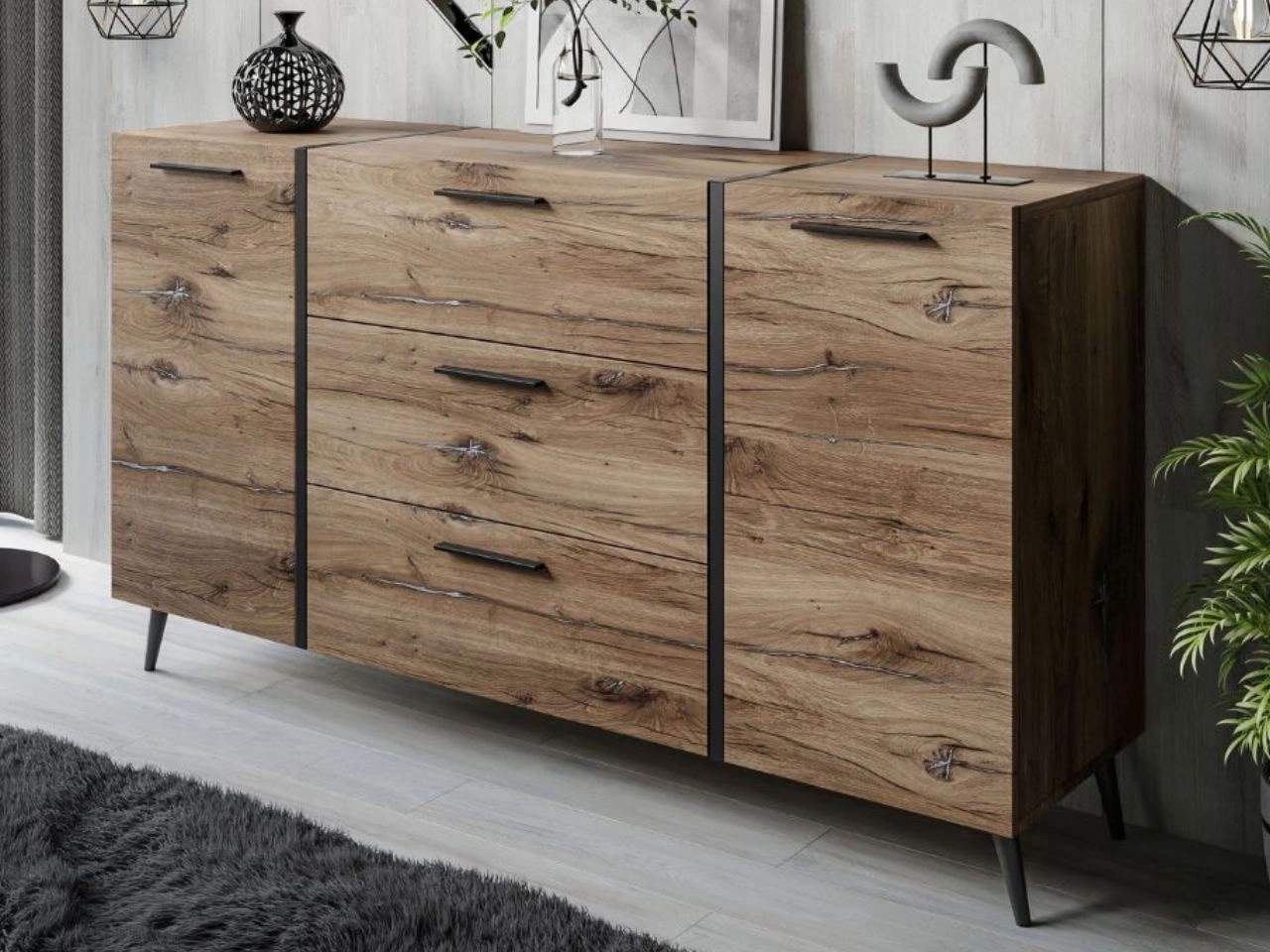 Zweitürige Kommode 158 cm mit drei Schubladen und schwarzen Griffen Lunelie Flagstaff-Eiche