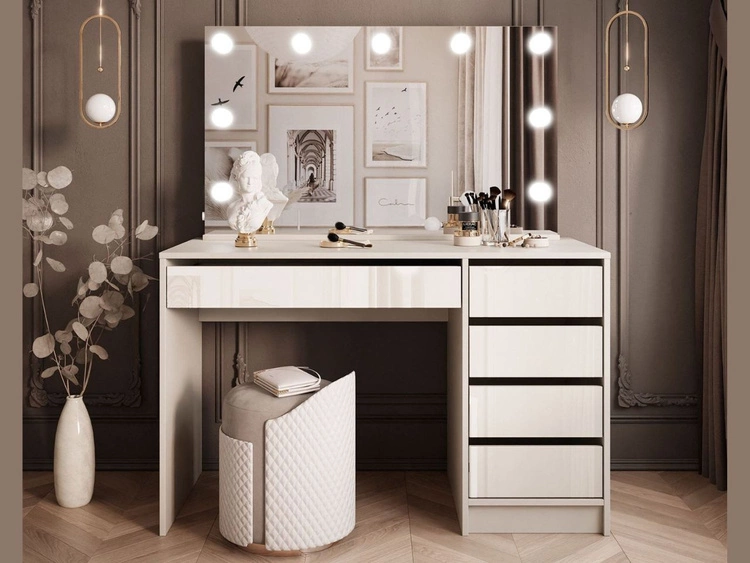 Schminktisch mit Spiegel, Schubladen und LED Melo Elite Kaschmir Hochglanz