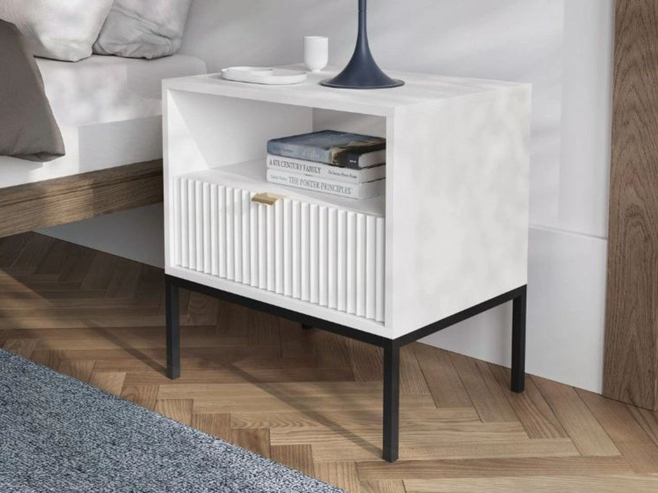 Nachtschrank mit Schublade Amber Weiß, Schwarz Frame