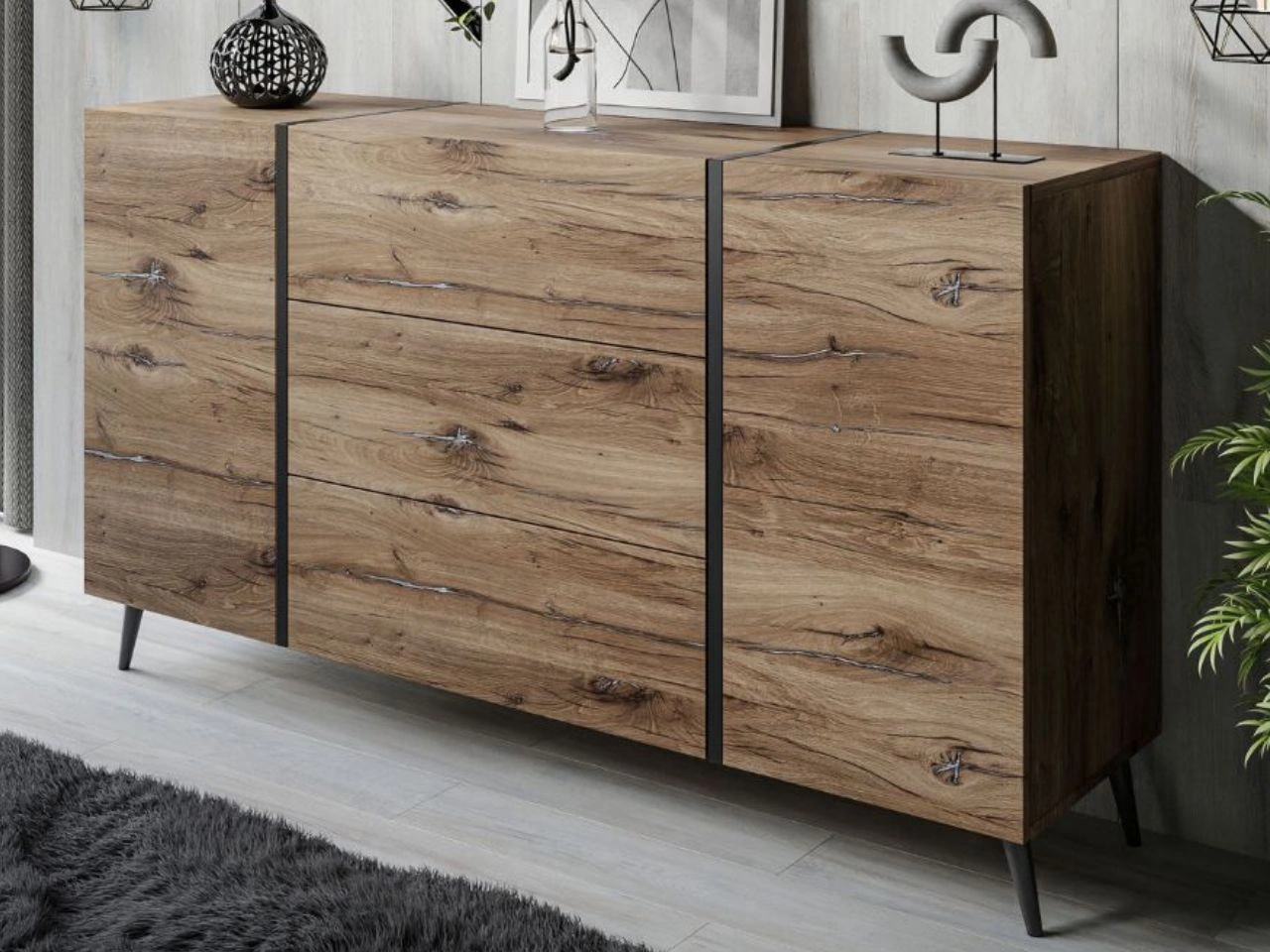 Zweitürige Kommode 158 cm mit drei Schubladen und Metallbeinen Lunelie Flagstaff-Eiche