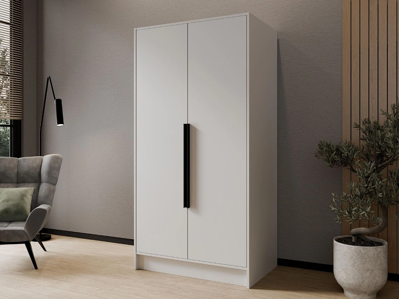 Kleiderschrank 100 cm Perugia Weiß mit schwarzen Griffen