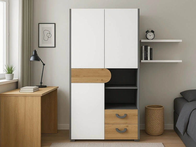 Ein Set moderner Möbel für ein Jugendzimmer Casa Nash Eiche, Weiß, Grau