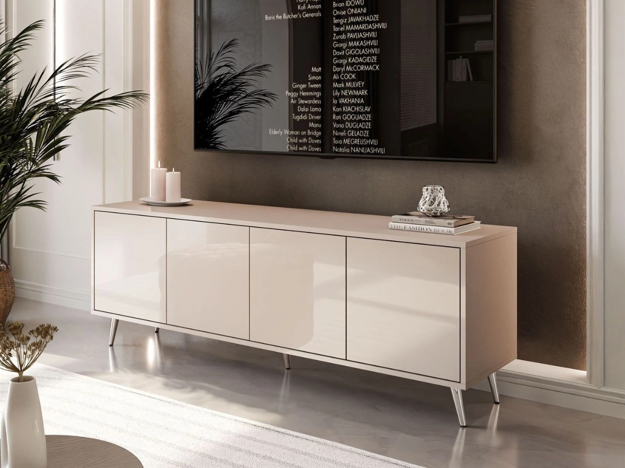 TV-Lowboard mit Türen auf silbernen Füßen Vivance, Kaschmir Hochglanz