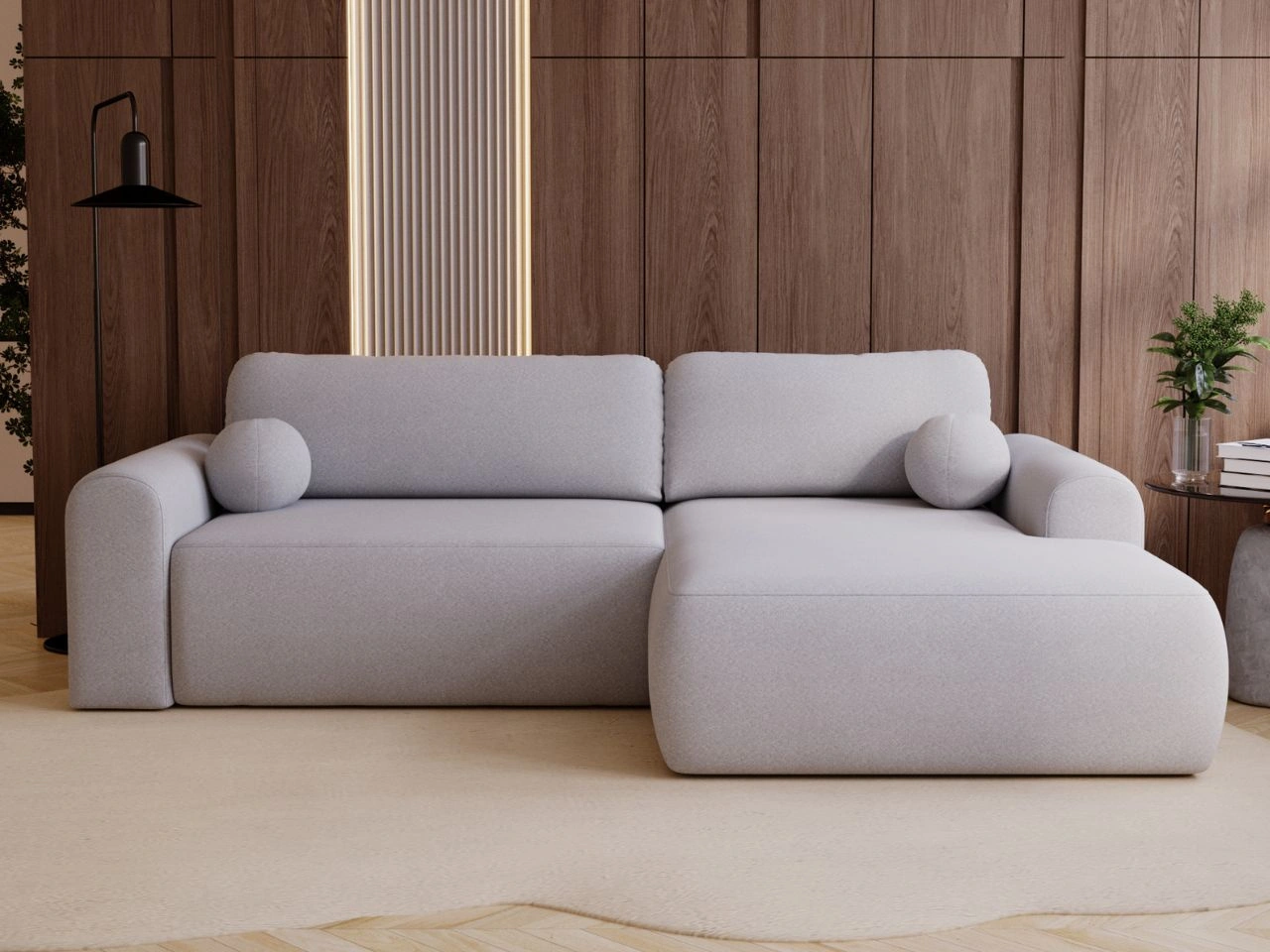 Ecksofa L-Form mit Schlaffunktion und Bettkasten Savana Rechts Bouclé-Stoff Grau