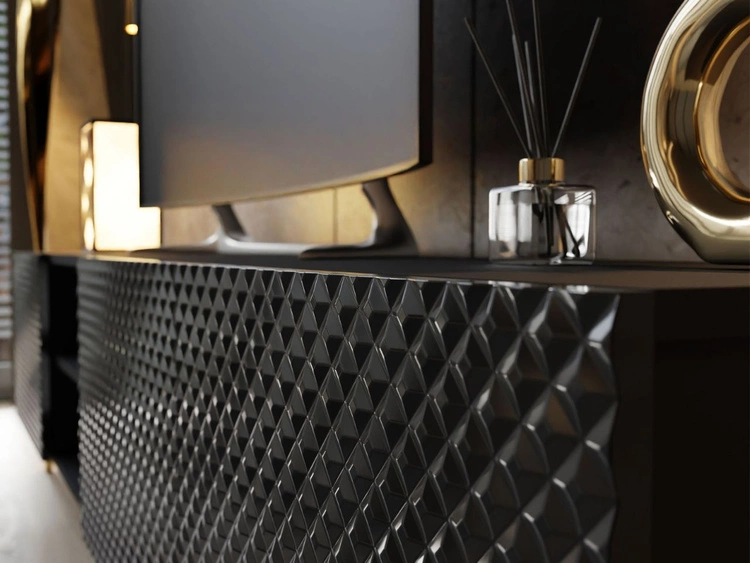 TV-Schrank mit 3D-gefrästen Fronten und schwarz-goldenen Metallbeinen Celiane Schwarz Glanz