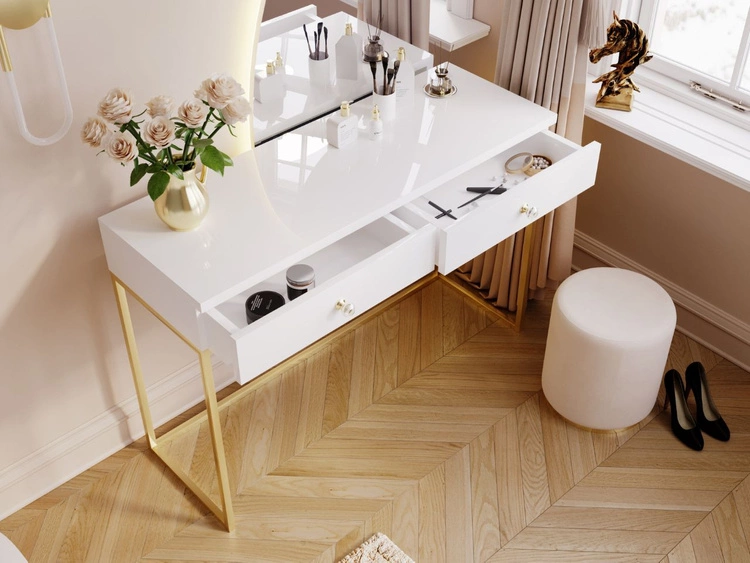 Schminktisch mit Schubladen Belleza Weiß Hochglanz Gold Frame