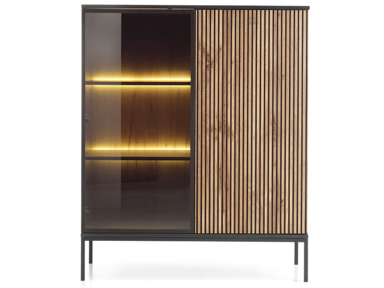 Vitrinenschrank mit Led Deo 126 cm Schwarz, EIche Wotan
