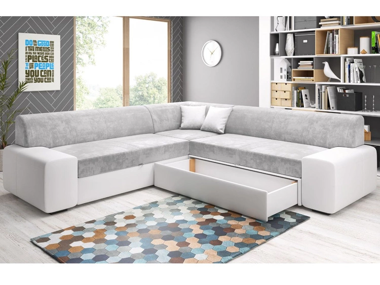 Ecksofa L-Form Rechts mit Schlaffunktion und Bettkasten Fresto Maxi Grau, Weiß