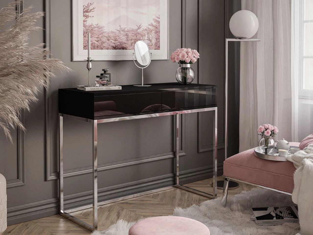 Konsolentisch mit Schubladen und silbernem Gestell im Glamour-Stil Brisa Schwarz Hochglanz