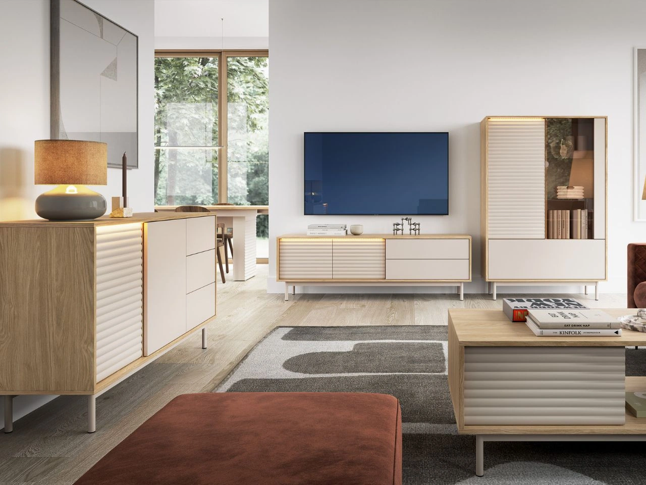 Ein Möbelset mit LED-Beleuchtung für das Wohnzimmer Rapallo Kaszmir, Eiche Geölte