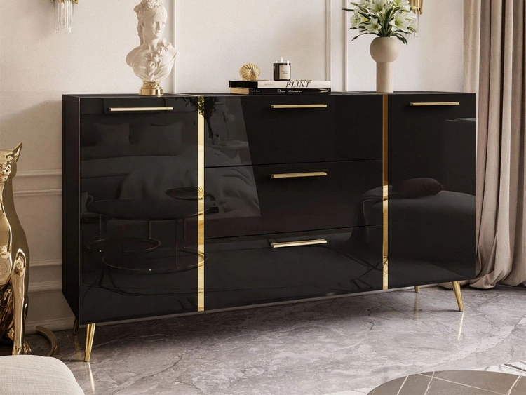 Wohnzimmer-Set im Glamour-Stil auf Beinen Lunelie Schwarz Hochglanz