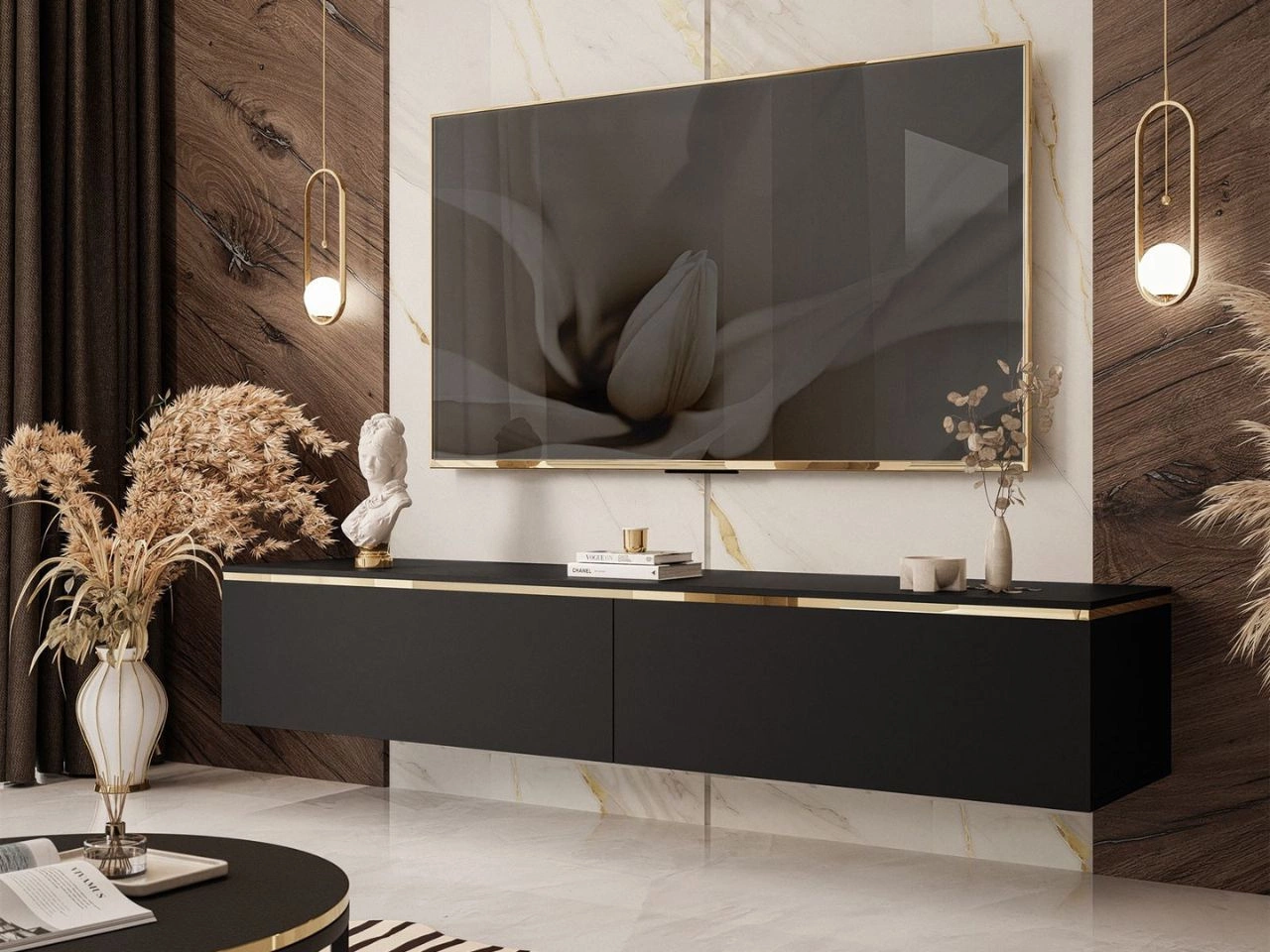 Hänge TV-Schrank 180 cm Glamour für Wohnzimmer Evare Schwarz matt