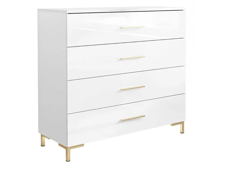 Kommode mit vier Schubladen und LED-Beleuchtung auf Goldenen Beinen Nuveo Weiß Hochglanz