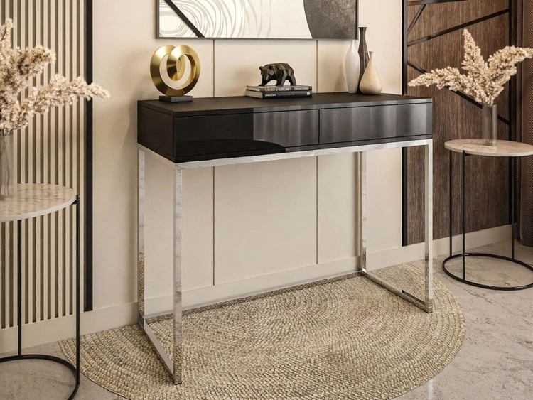 Konsolentisch mit Schubladen und silbernem Gestell im Glamour-Stil Brisa Schwarz Hochglanz