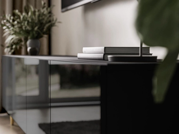 Wohnwand für das Wohnzimmer mit LED-Beleuchtung auf Goldenen Metallbeinen Noaé Schwarz Hochglanz