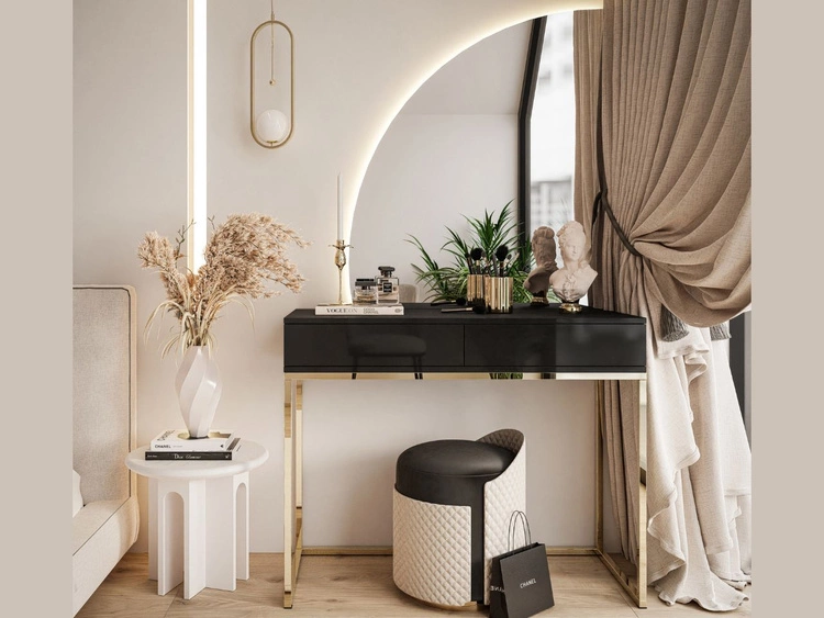 Kosmetiktisch linksseitig mit Schubladen und LED-Beleuchtung auf goldenen Beinen Clarette Schwarz Hochglanz