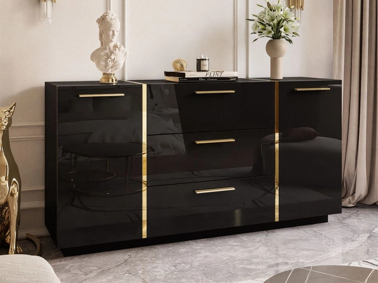 Wohnzimmer-Set im Glamour-Stil Lunelie Schwarz Hochglanz