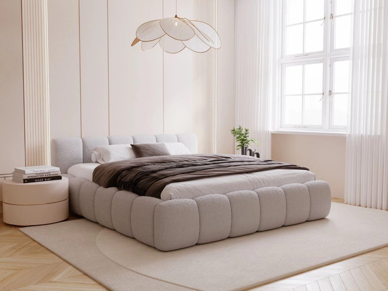 Polsterbett mit Bettkasten und Lattenrost 200x200 Cloud Low Bouclé-Stoff Grau