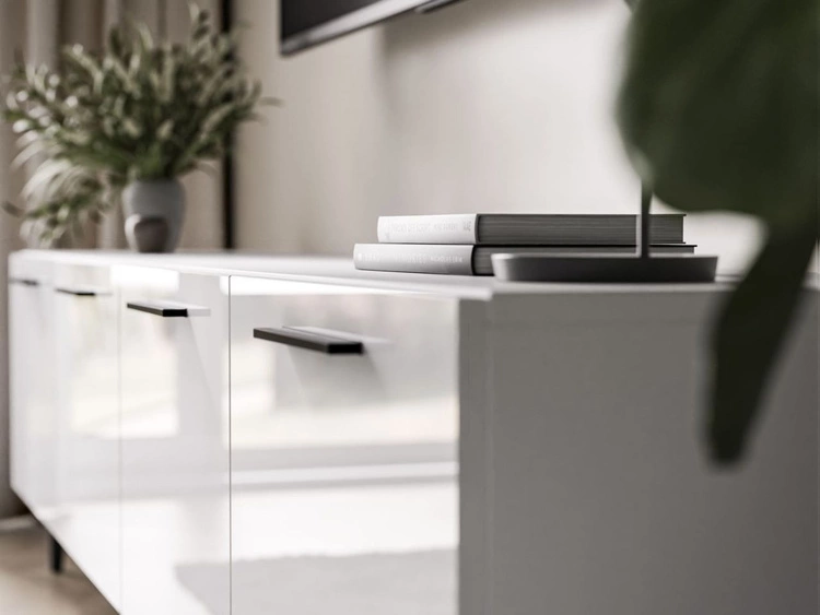 TV-Lowboard mit Türen auf Schwarzen Metallbeinen 200 cm Noaé Weiß Hochglanz